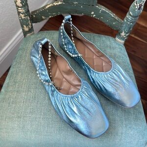 AEROSOLES RACHIE TurquoiseMETALLIC LEATHER BALLET FLATS W/REMOVABLE ANKLE STRAP